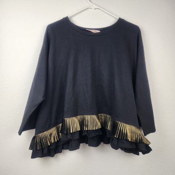 Traffic People Blouse Black Gold Pleating Size Small NWT 3/4 Sleeve Boxy Wide - Picture 1 of 7